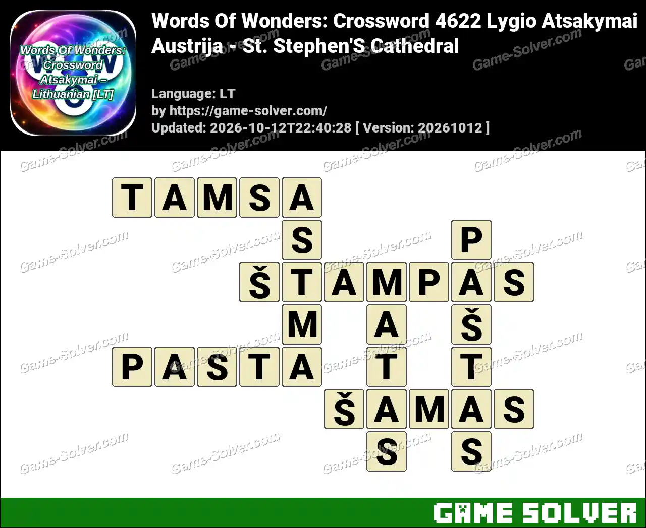 Words Of Wonders: Crossword 4622 Lygio Atsakymai – Austrija – St. Stephen’S Cathedral